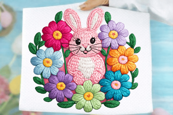 Faux Embroidery Floral Bunny Png