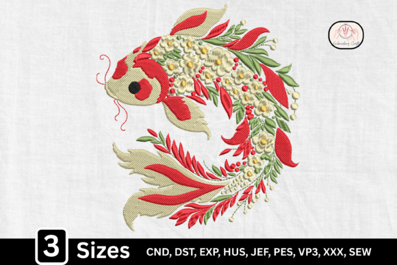 Floral Ornate Koi Fish Embroidery Design